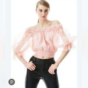 NWT ALICE + OLIVIA Caprina Off-The-Shoulder Silk Crop Blouse Sz S